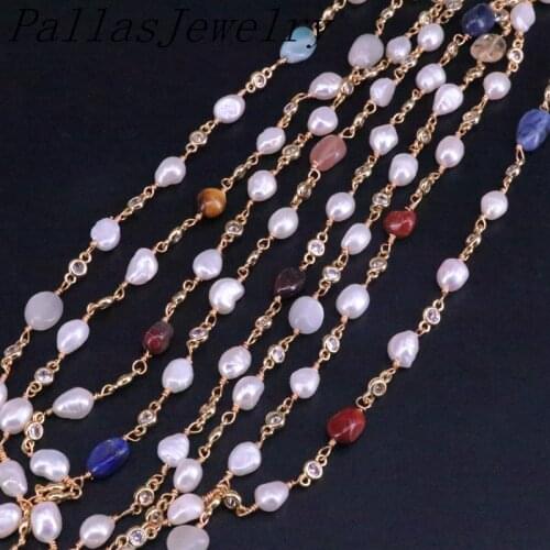 3Meters Fashion Nature Pearl Beads CZ Link Chains For Jewelry Making, Irregular Pearl with Nature Stones Golden Rosary Chains