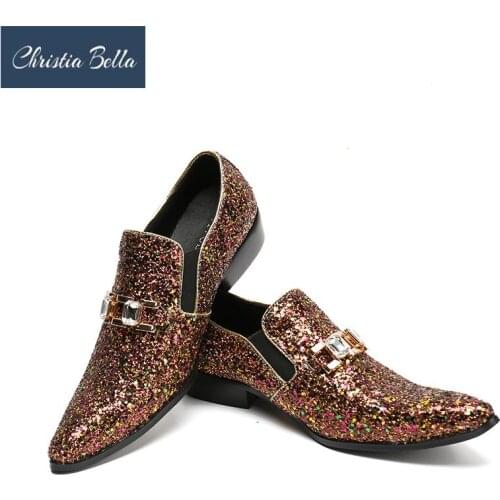 Christia Bella Luxury Men Party Wedding Handmade Loafers Glitter Dress Shoes Diamond Smoking Slippers Mens Flats Sequins Shoes