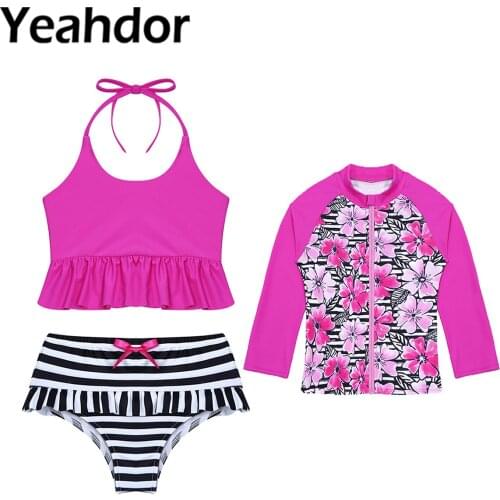 Kids Girls Summer Swimwear Front Zipper Closure Tops with Halter Lace Ruffle Trim Crop Tops and Briefs Set Beach Bathing Suit