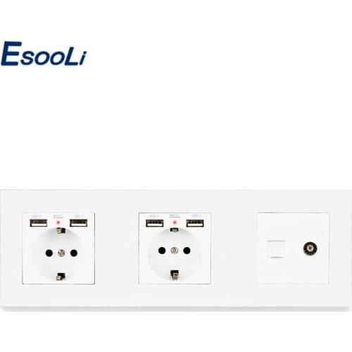 ESOOLI EU Standard Black Plastic Panel Double Socket with 4 USB Charging Port + RJ11 Telephone Connector + TV Connector