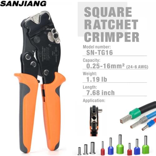 SN-TG16 0.25-16mm²(24-6AWG) Ferrule Crimping Pliers Wire Crimper Self-Adjusting Square Crimp Tool For Wire End Ferrules