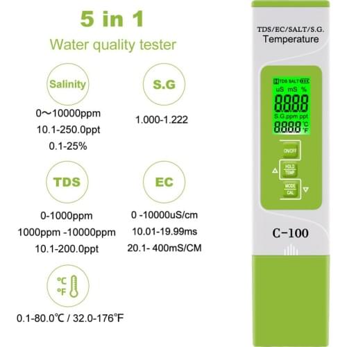 Yieryi 5 in 1 TDS/EC/ Salinity/S.G./Temperature Meter Freshwater Salinity Sea Salt Water Tester Aquarium Digital Salinity Meter