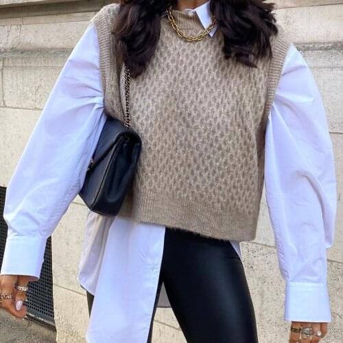 JUNWU Spring And Autumn Womens Brown Knitted Round Neck Honeycomb Design Vest Loose Blouse Retro Za British Style