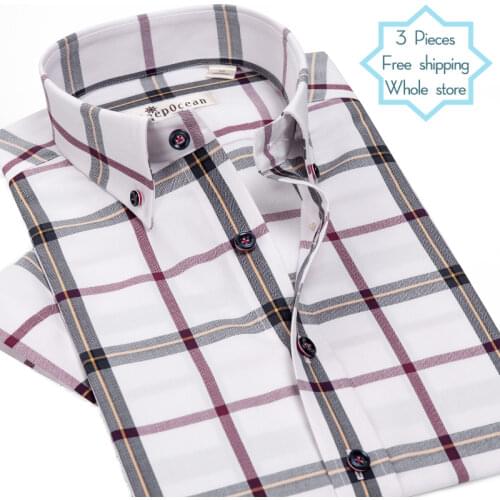 DEEPOCEAN Mens Cotton Check Short Sleeve Shirt Trend American Casual Fashion Thin Style