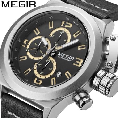 MEGIR Top Luxury Brand Mens Watch Chronograph Clocks Military Army Sport Clock Genuine Leather Quartz Men Male Watches Gift 2029