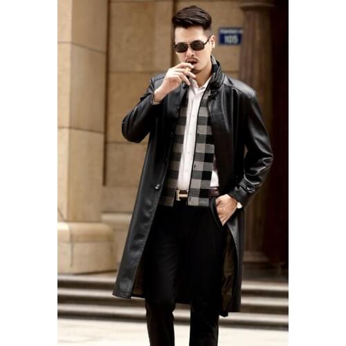 Stand collar 219 autumn thin long leather coats men casual Single-breasted coat mens leather trench coats black fashion M - 3XL