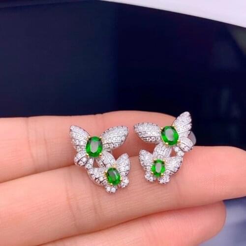 Natural green diopside stud earrings 925 silver natural gemstone earrings luxurious Butterfly Lover girl party gift fine jewelry