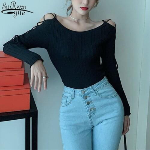 2021 Korean New Long-sleeved Womens Knitwear White Black Slim Thin.off-the-shoulder Womans Blouses Sexy Hollow Shirts 12209