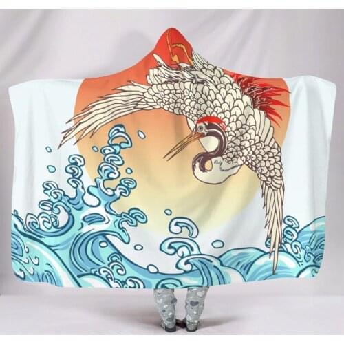 Japanese Waves Hooded Blanket Super Soft Microfiber Sherpa Wearable Blanket for Adult Kids Seasons Bedding Sofa Throw Blankets