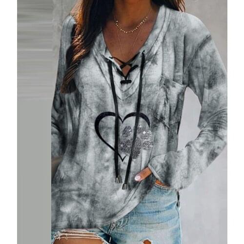 Autumn Women V-Neck Retro Print Blouse Casual Loose Lace Up Long Sleeve Lady Shirts Elegant Streetwear Femme Pullover Top Blusa