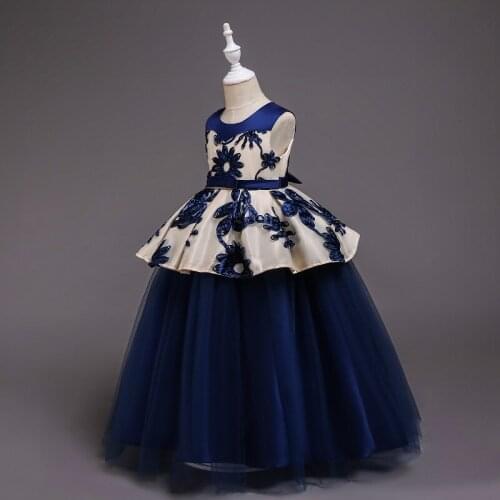 New girls wedding dress stitching lace flower sleeveless round neck birthday party performance princess dress puffy yarn