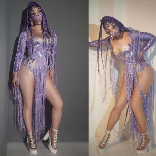 Purple tassel bodysuit Party girl stage show dance jumpsuit Sexy women nighclub wear DJ Singer costume