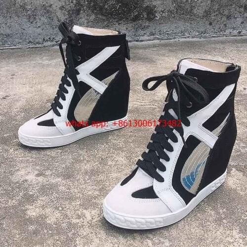Real photos woman white black 8CM inner wedge heel lace up high top sneaker