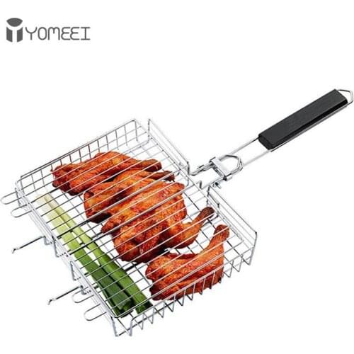 YOMEEI Non-stick Barbecue Net Foldable BBQ Grilling Portable BBQ Basket Net Fish Meat Hamburg Net Camping Picnic Tools
