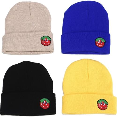 Warm Soft Knitted Hat Female Embroidery Tomato Skullies Casual Outdoor Knit Ski Cap Womens Winter Hats Beanies For Men