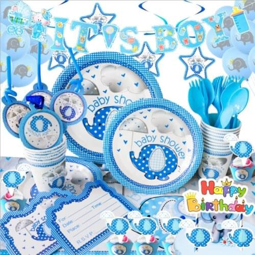 Childrens Birthday Party Decoration Disposable Tableware Supplies Blue Elephant Paper Plate Napkin Baby Birth Gift Toy Balloon
