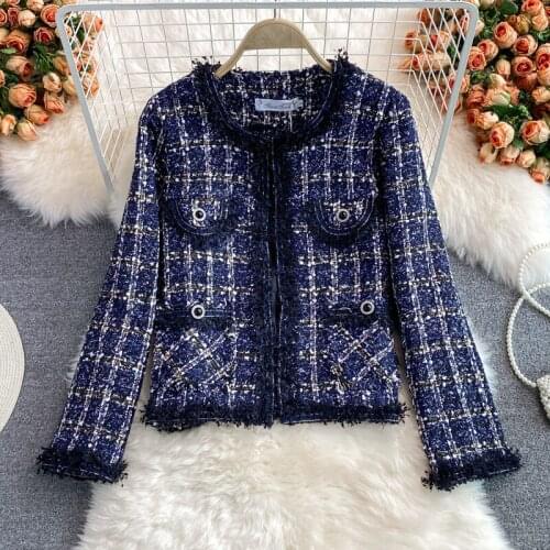 New Womens Vintage Houndstooth Tweed Jackets for Women Korean Elegance O-neck Tassel OL Cropped Womens Coats Casual Outwear