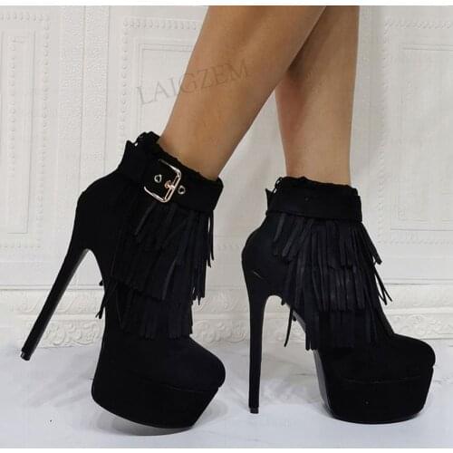 BERZIMER Women Ankle Platform Boots Faux Suede Tassel High Heels Booties Ladies Black Shoes Woman Black Big Size 41 44 47 52