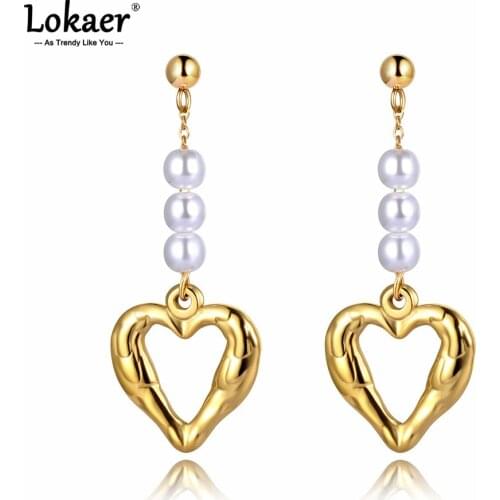 Lokaer Titanium Stainless Steel Love Heart Tassel Earrings Jewelry Fashion White Pearl Dangle Earrings For Women Girls E21072