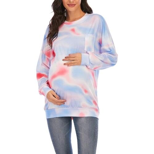 #58 Nursing Clothes Women Cotton Round Neck Long Sleeve Gradient Color Maternity Pocket Tie-dye Home Top Camiseta Maternidad