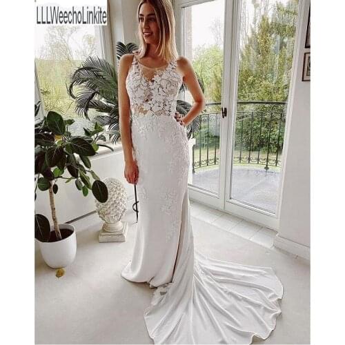 White Lace Satin Chiffon Sleeveless Mermaid/Trumpet Wedding Dresses Chapel Train Floor-Length Bridal Gowns Custom Made