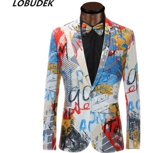 Plus Size Men Graffiti Printed Blazers Hip Hop Casual Coat Bar Nightclub Male Singer Stage Performance Costume Slim Swallowtail