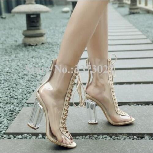 Handmade PVC Transparent Lace-up Ankle Boots Woman Transparent Chunky Heels Gladiator Sandals Boots Sexy Peep Toe Dress Shoes