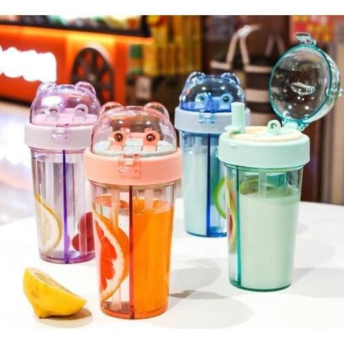 420ml Little Eyed Bear, Double Outdoor Portable Bottle Student Couple Plastic Cup Gift Children Drinking Double Water Bottle