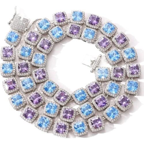 Hip Hop Bling Iced Out Geometric Square Blue Purple 5A+ CZ Stone Tennis Link Chain Chokers Necklaces for Men Rapper Jewelry