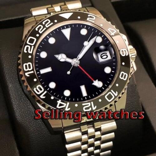 40mm PARNIS black Sterile dial Ceramic bezel Jubilee Bracele Sapphire crystal date GMT automatic mens watch Mechanical watches