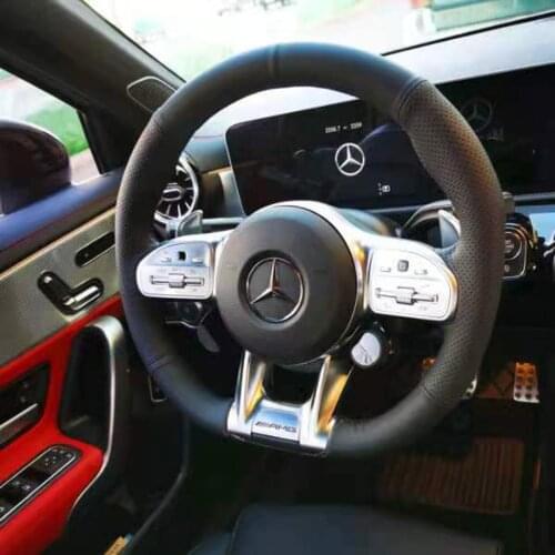 Black Leather &Perforated Leather Steering Wheel Hand Sewing Wrap Cover Fit For Mercedes-Benz A-Class AMG 2018-2019