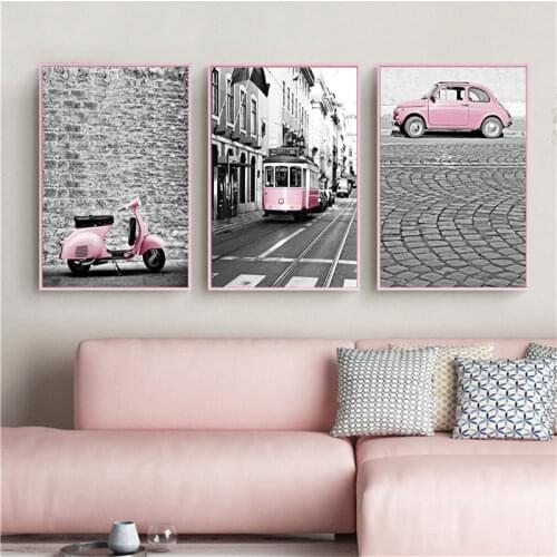 Home Decor European City Scenery Picture Nordic Canvas Painting Wall Art Pink style Car Bus Posters and Prints for Living Room