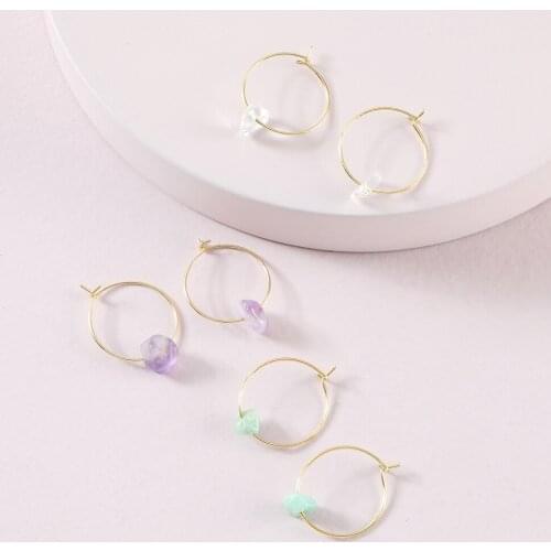 E8016 3 Pairs Mini Natural Stone Gold Color Thin Line Hoop Earrings for Women