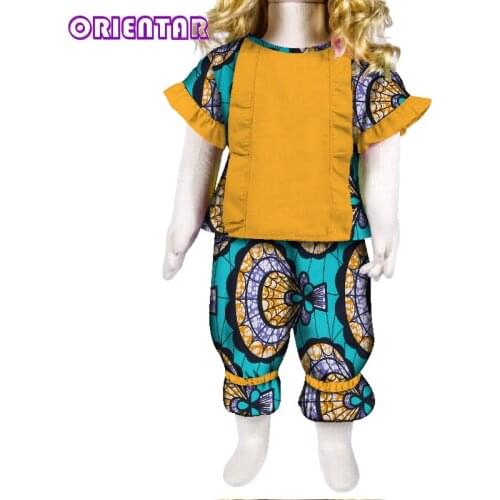2 Pieces Sets Kids Africa Clothing Short Sleeve Tops and Pants African Wax Print Pants Set for Children Bazin Riche WYT185