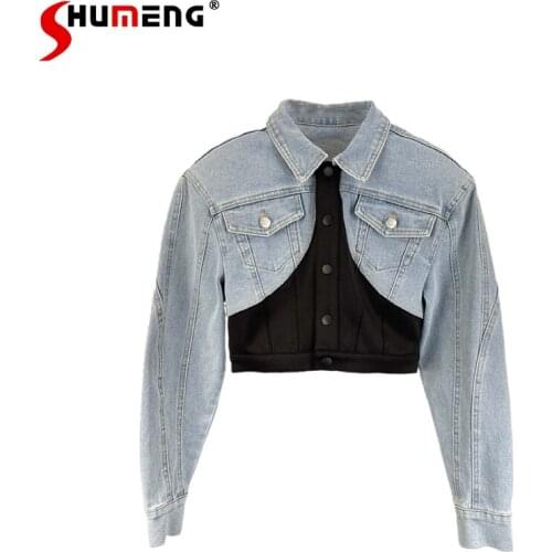 Women Fashion Cotton Light Blue Stitching Short Denim Jackets Casual 2021 Autumn New Loose Womens Jean Coat Jackets Clothing