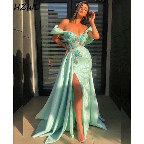 Mint Green High Split Mermaid Prom Dresses With Overskirts Sequins Lace Formal Evening Dress Special Occasion Dress