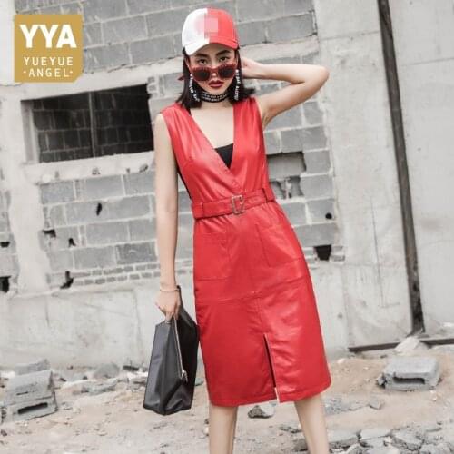 New Autumn Winter Ladies Knee Dress Fashion Solid Genuine Leather Straps Dress Elegant Slim Fit OL Dress Plus Size S-4XL