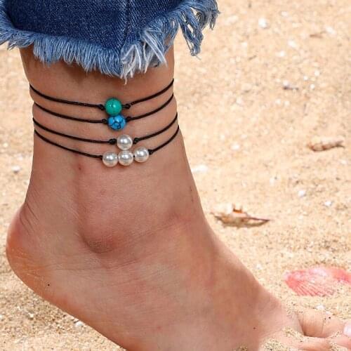 4 Pcs/Set Fashion Simple Natural Stone Beads Anklets for Women Hand-woven Chain Anklet Jewelry Gifts