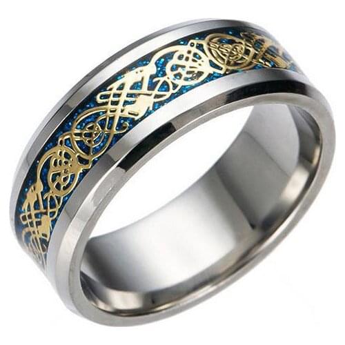 5-13 size Black Dragon blue carbon fiber wedding ring for women men gold color Plata 316L Stainless Steel men jewelry wholesale