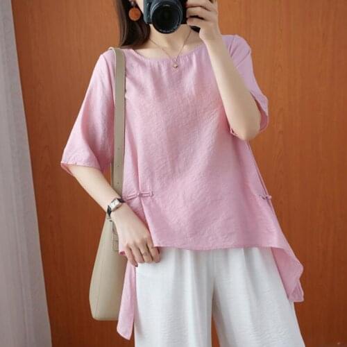 Solid Color Side Button Cotton And Linen Tops Women T-shirt O-Neck Half Sleeve Breathable Irregular Tshirt Summer Tees Vintage