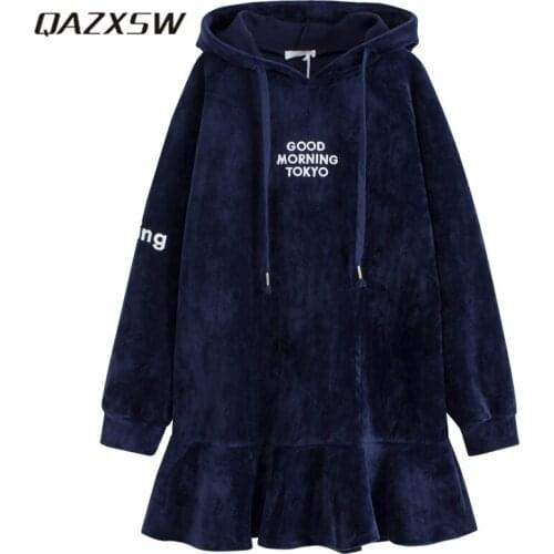 QAZXSW 2018 New Spring Women Plus Size Dresses For Women Casual Harajuku Hoodied Dress Trumpet Mini Render Dress Vestidos HB567