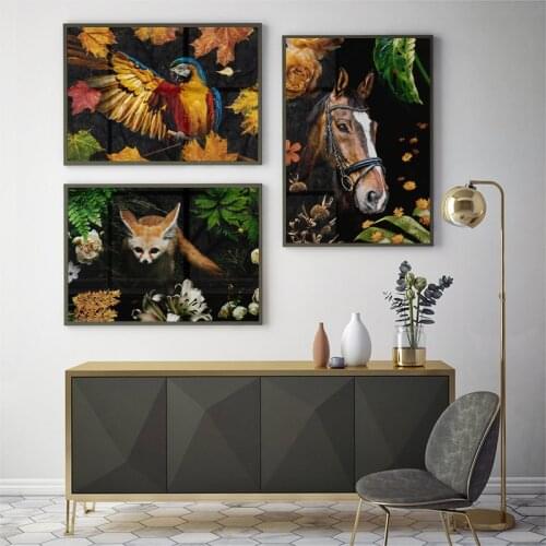 Modern Classical Home Decoration Canvas Painting Animal in Flowers and Leaves Poster Wall Art Elk Lion Parrot Fox Horse Picture
