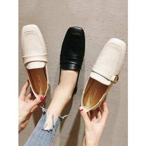 Womens shoes leather shoes 2019 autumn and spring new metal buckle square head flat bottom loafers