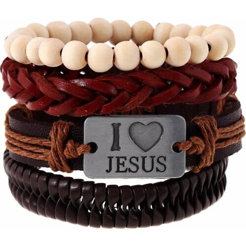 Vintage DIY 4 Pcs/Set Jesus Words Charm Wood Beads Brown Leather Men Punk Bracelets For Women Homme Femme Jewelry Accessories