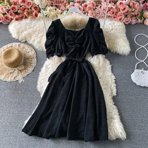 2021 summer new style waist slimming mid-length A-line skirt puff sleeve square neck jacquard dress