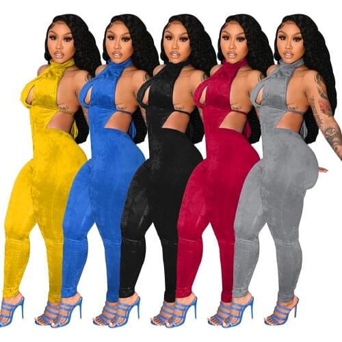 Halter Neck Sleeveless Backless Back Waist Self Tied Jumpsuits Sexy Bodycon Rompers for Women One Piece Long Pants Jumpsuits