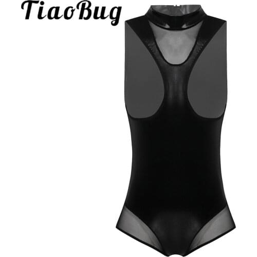 Womens Hot Sexy Lingerie Bodysuit Mesh Patchwork Patent Leather Sexy Nightwear High Neck Open Front Catsuit Leotard Clubwear