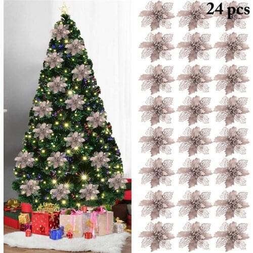 24Pcs/Set Christmas Flowers Ornament Fashion Glitter Faux Xmas Flower Christmas Tree Decor Accessories Party Supplies