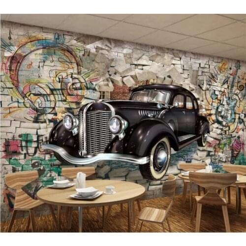Beibehang Custom wallpaper 3d mural retro classic car through the wall 3D stereo restaurant bar mural tv background wall papers