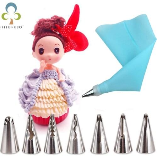 8pcs Stainless Steel Russian Nozzle Piping Tips Pastry Nozzles+Silicone Pastry Bag Doll Skirt Dress Wedding Cake Decoration GYH